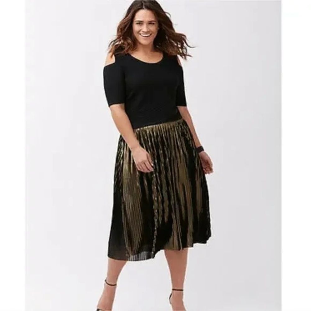 Lane Bryant Gold Pleated Swing Midi Skirt 22/24